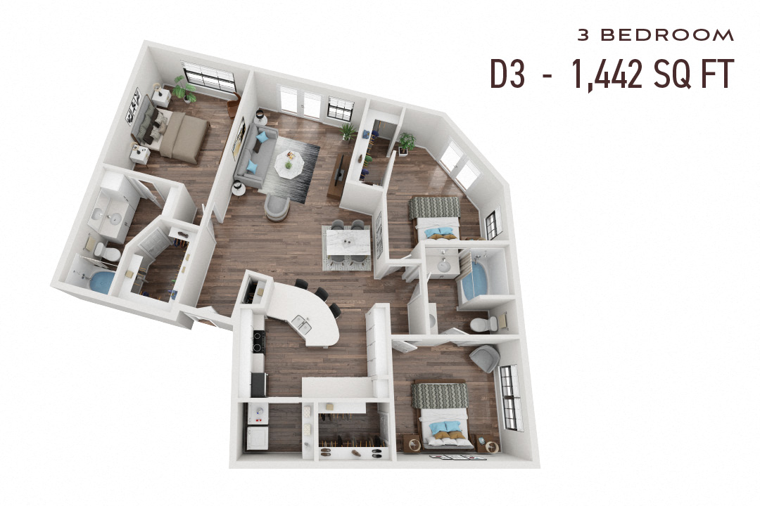 Floor plan for 3 beds, 2 baths, 1442 sqft